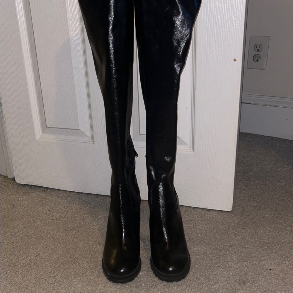 Aldo Shiny Black Over the Knee Boots